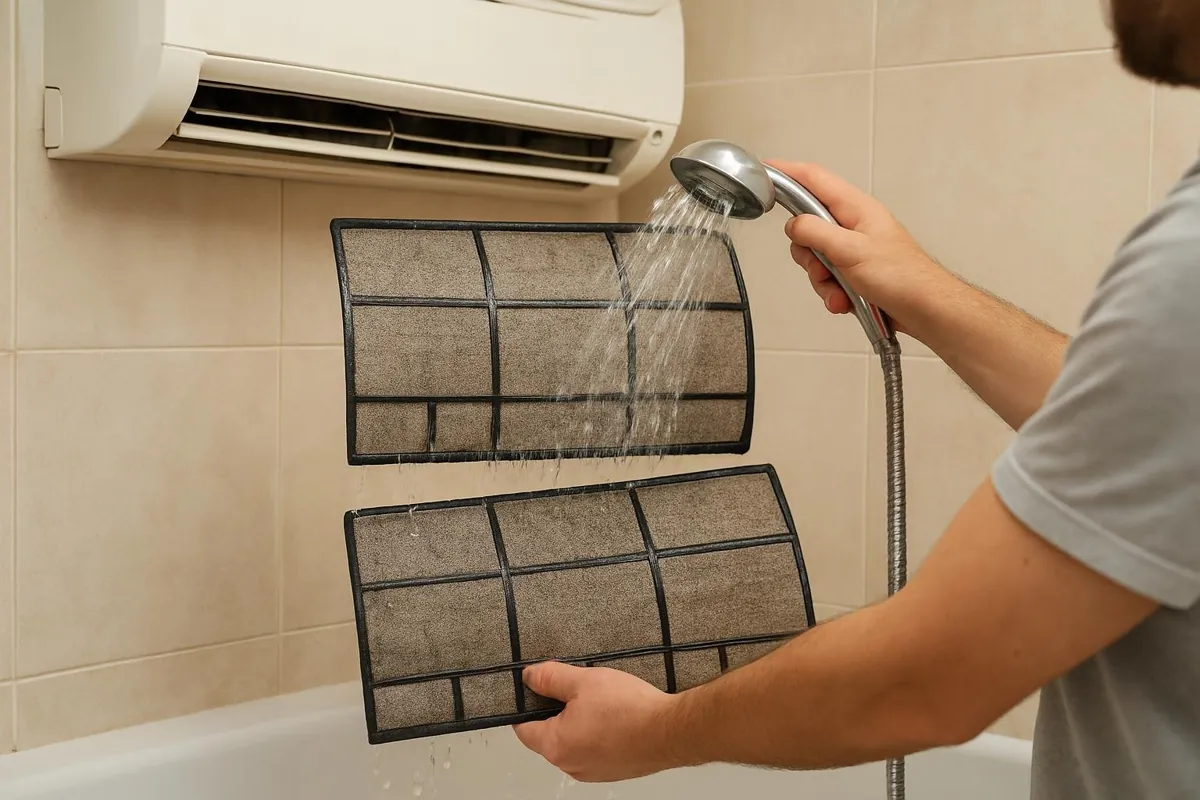 Płukanie filtrów klimatyzatora pod prysznicem