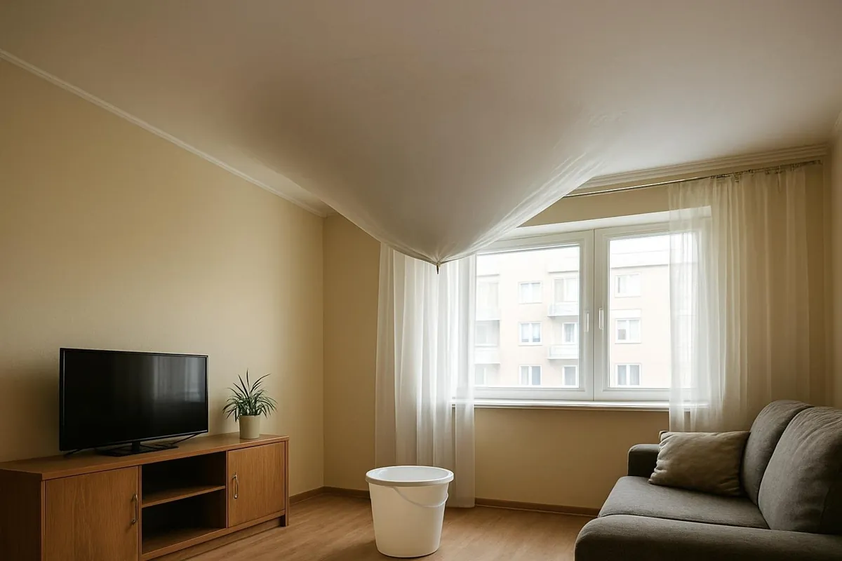 Sufit napinany wybrzuszony od wody po zalaniu z góry