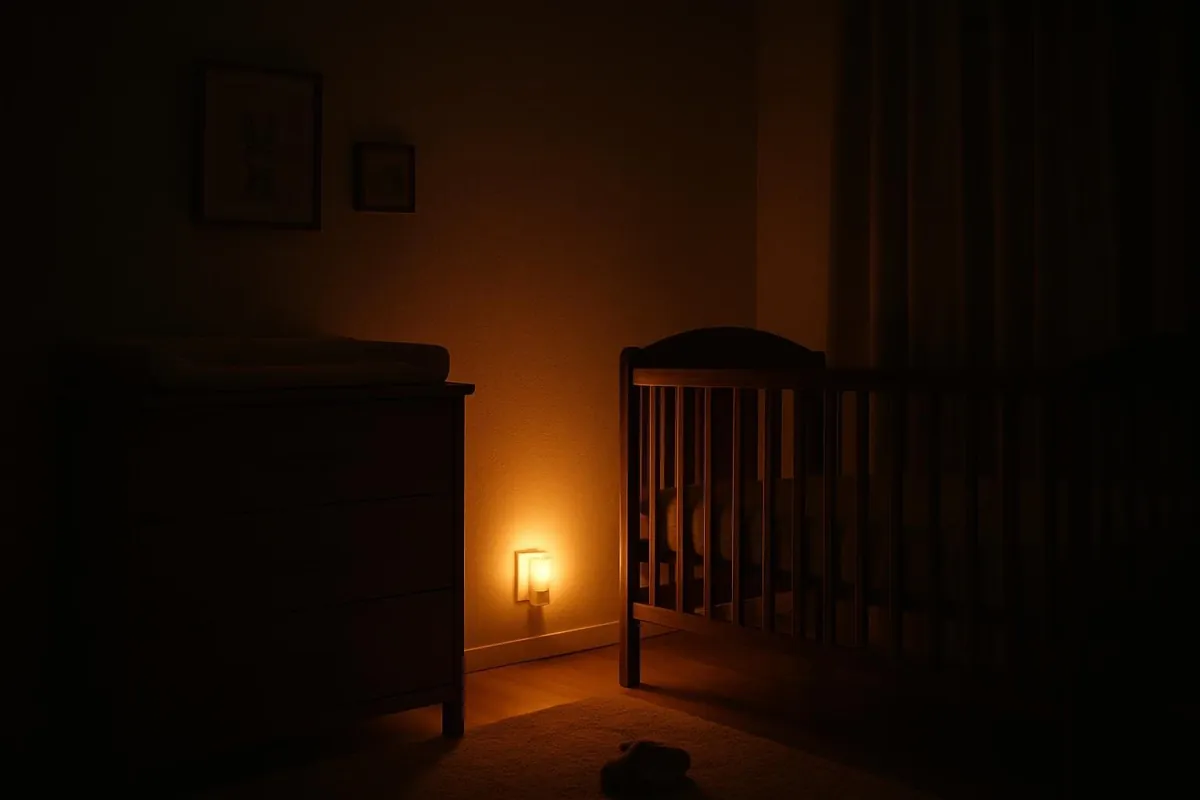 Ciepłe nocne światło przy podłodze w ciemnej sypialni