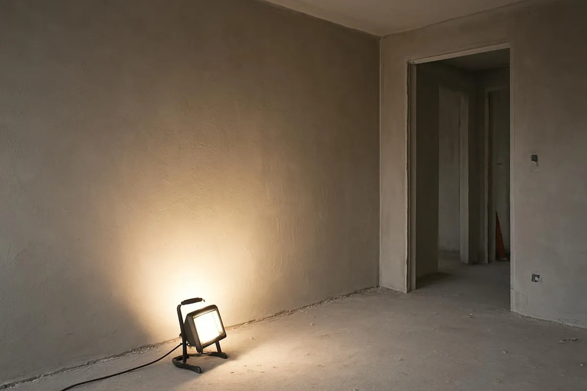 Lampa ustawiona przy ścianie pokazuje nierówności gładzi