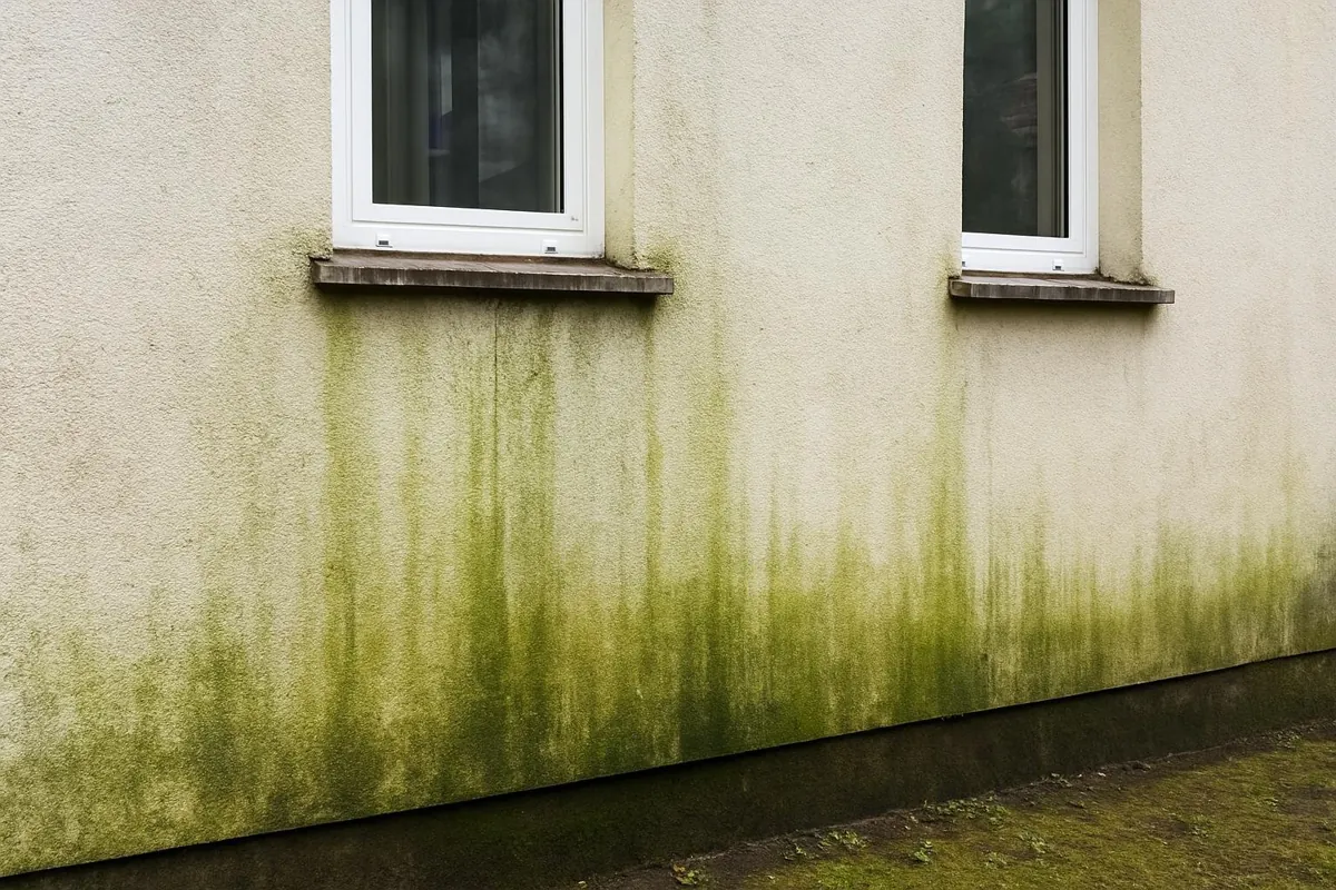 Zielone glony na elewacji od strony północnej
