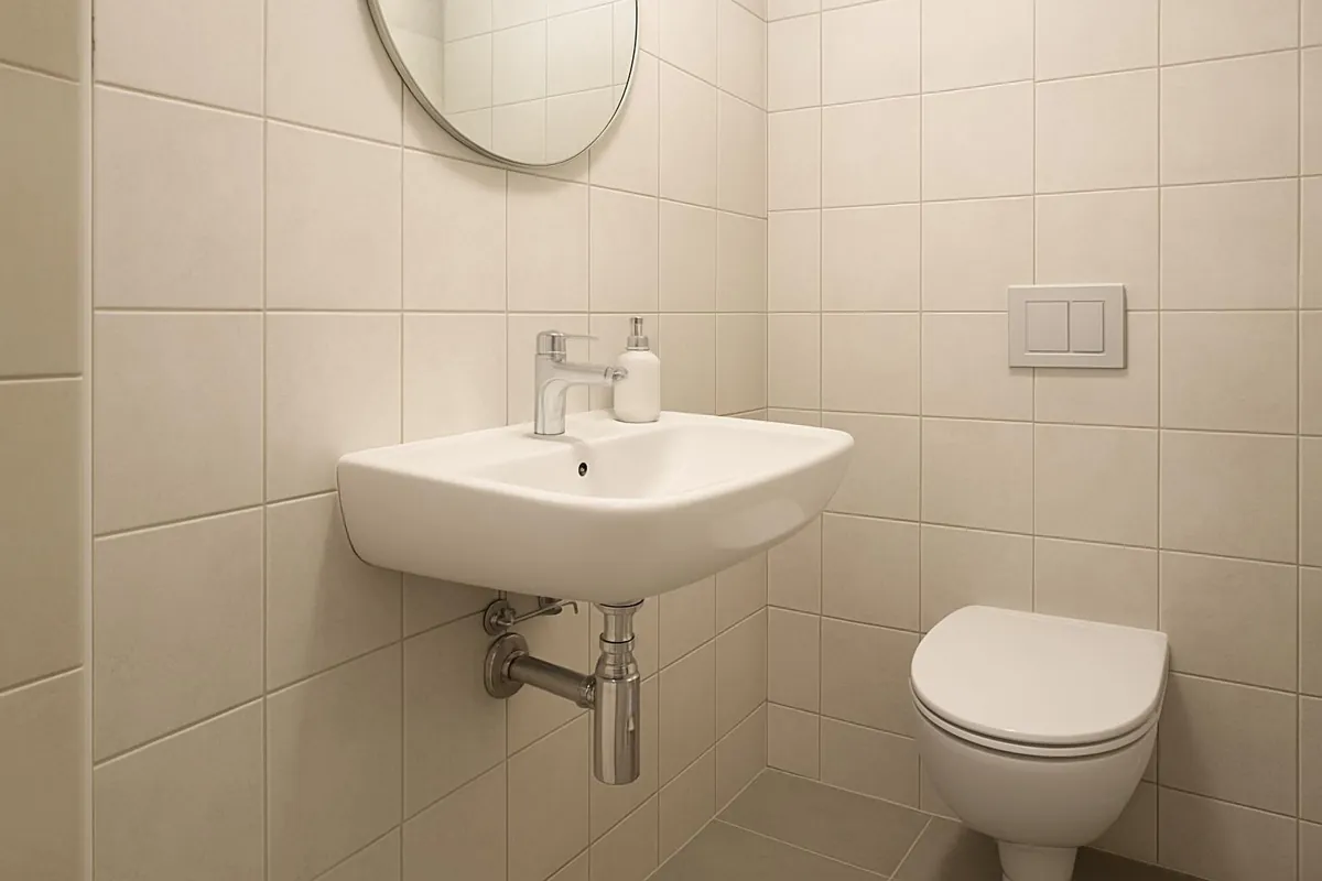 Wisząca umywalka ceramiczna z chromowanym syfonem