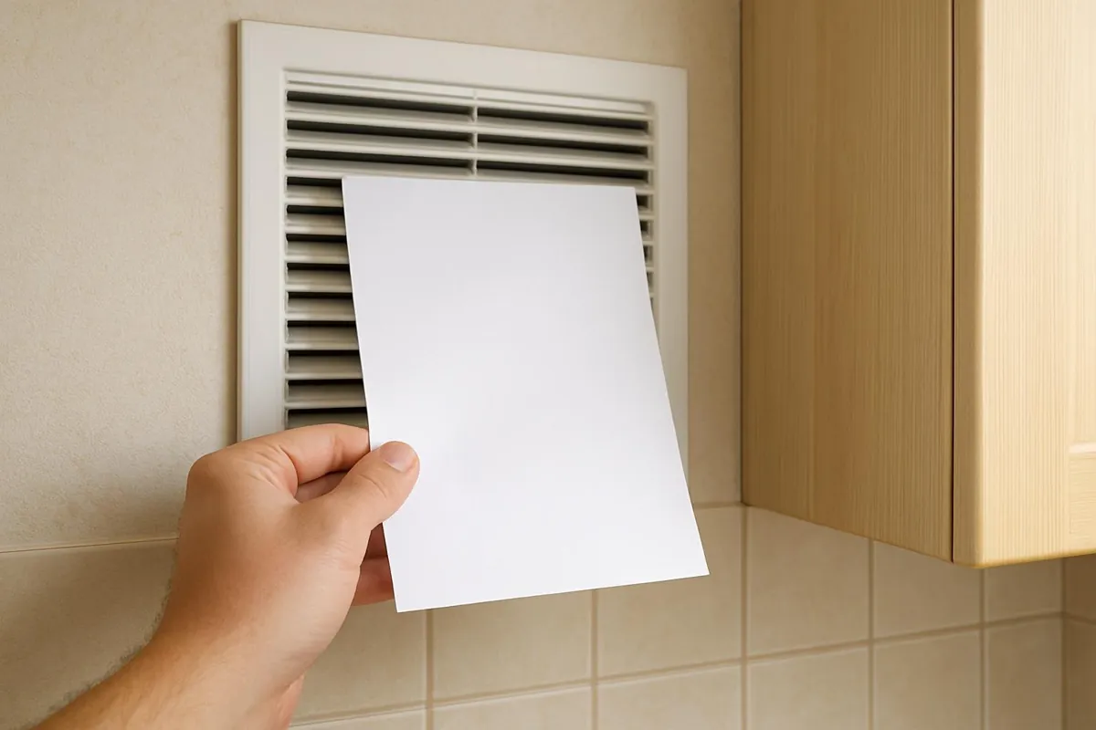 Test ciągu kartką papieru przy kratce w kuchni