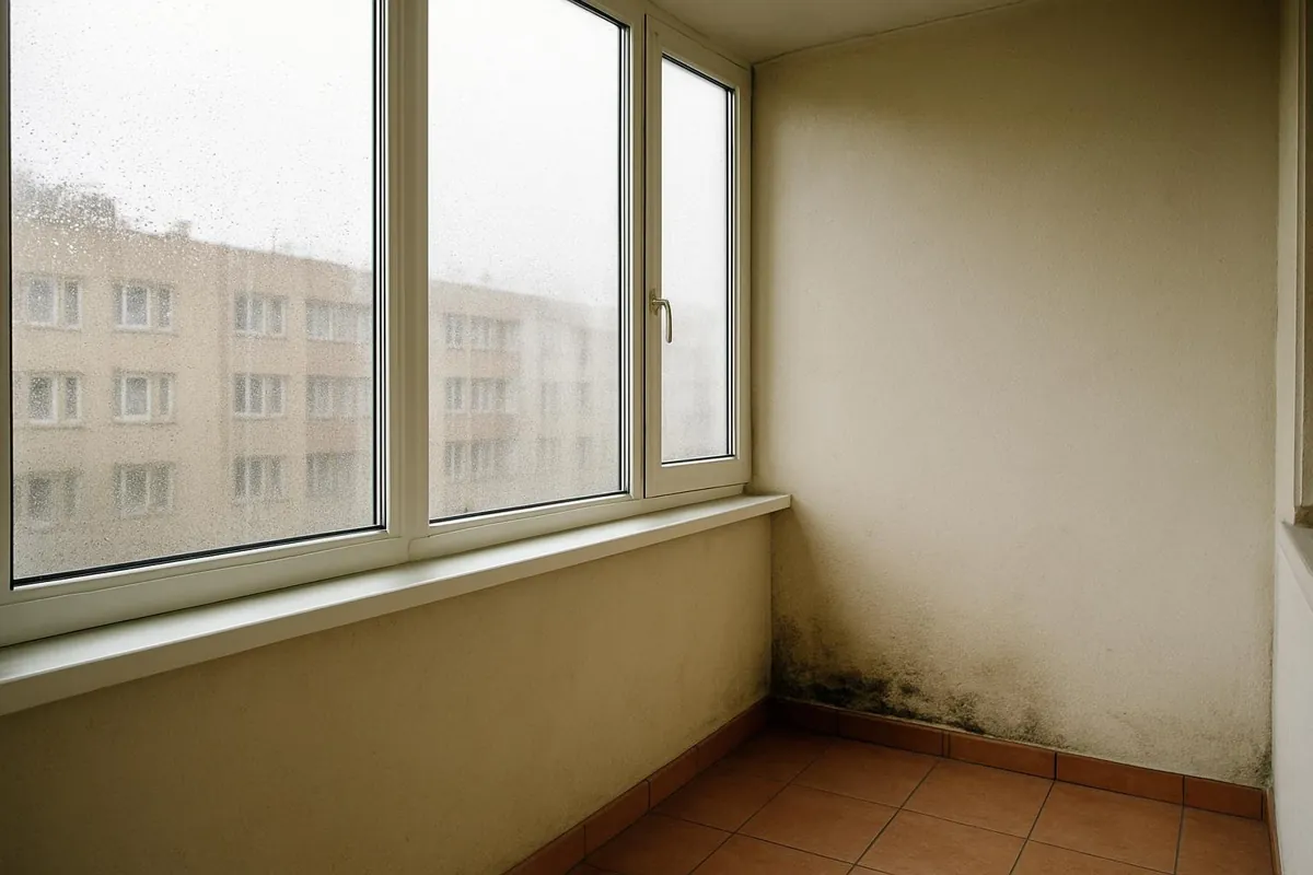 Kondensacja na szybach i pleśń w narożniku zabudowanego balkonu