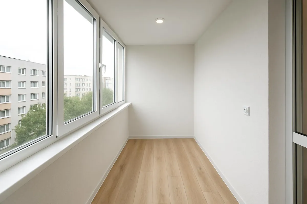 Wykończona loggia z podłogą winylową i oświetleniem LED