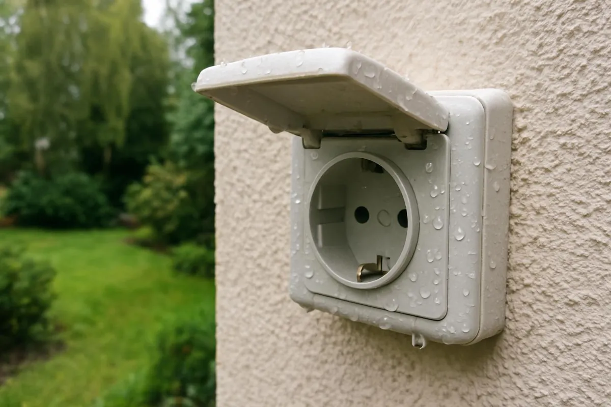 Mokre gniazdo zewnętrzne z otwartą klapką po deszczu