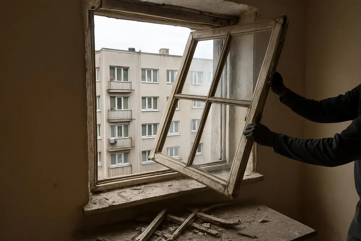 Demontaż starego drewnianego okna skrzynkowego