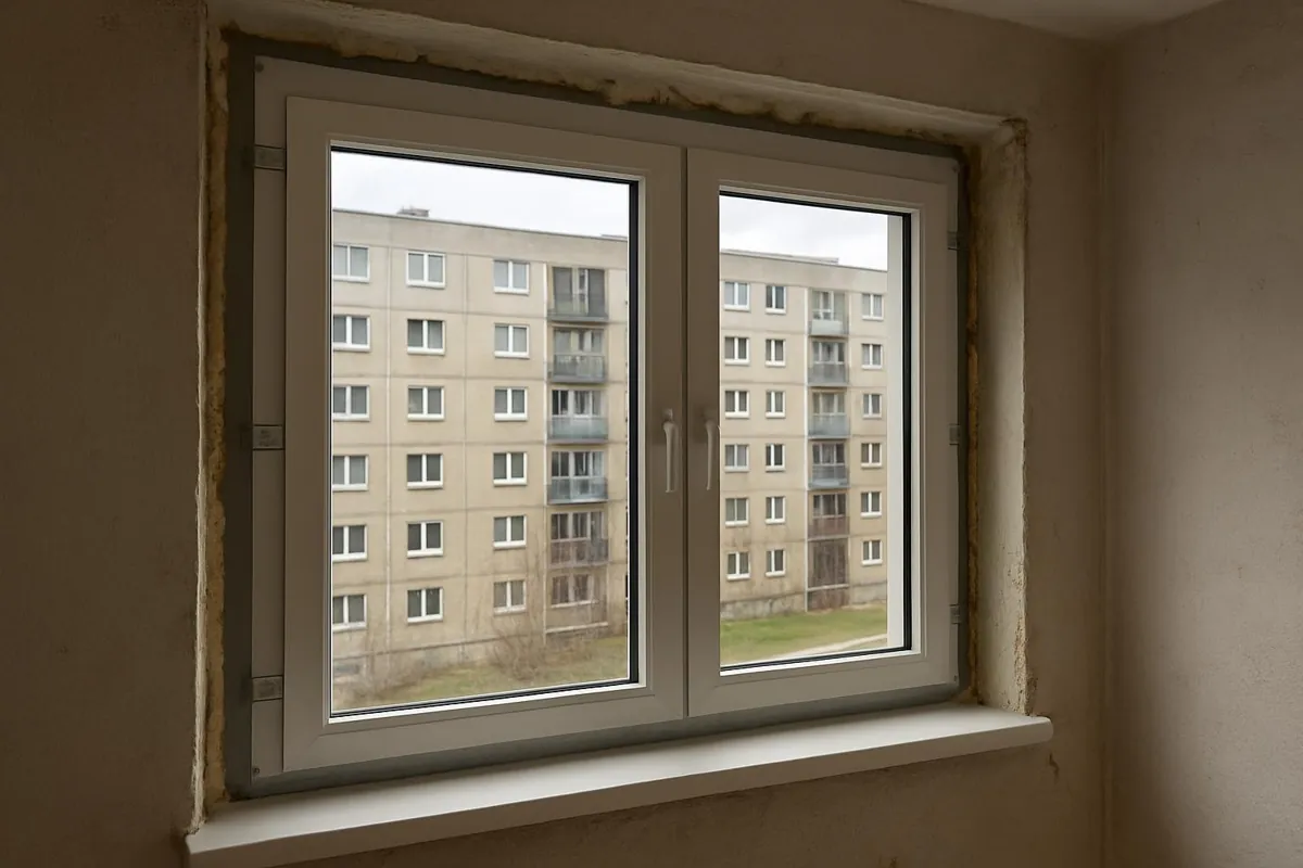 Okno w otworze z kotwami, pianą i taśmą paroszczelną od środka