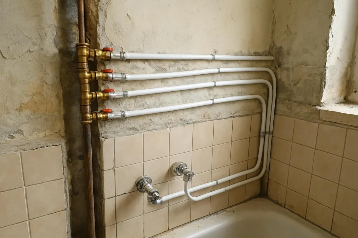 Nowe podejścia wody w bruzdach od pionu do umywalki i prysznica