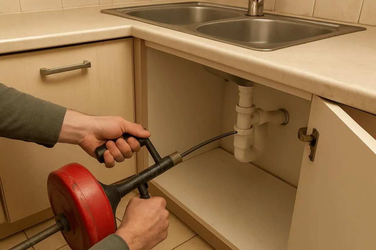 Spirala hydrauliczna wprowadzana do rury po zdjęciu syfonu