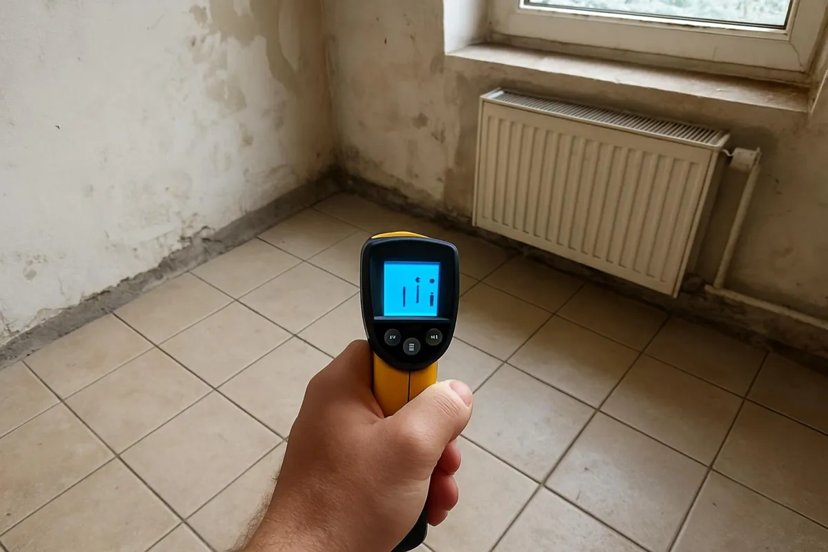 Pomiar temperatury podłogi termometrem na podczerwień przy ścianie zewnętrznej